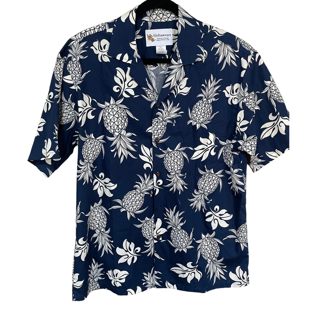 Alohawears Mens‎ Navy Blue Pineapple Print Cotton Hawaiian Camp Shirt Size M USA